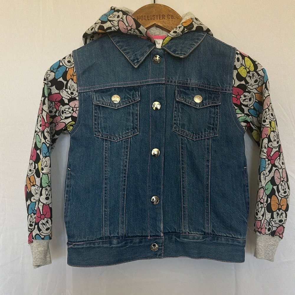 Disney Blue Denim Jean Jacket with Multi-Color Minnie Mouse Hoodie Sleeves